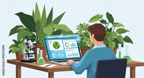Scientist analyzing data on laptop surrounded by plants and lab equipment.