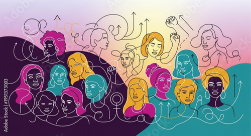 Diverse group of women faces in artistic illustration style.