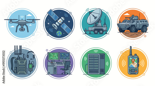 Modern Military Technology Vector Icon Set Featuring Drone Satellite Radar Armored Vehicle Communication Backpack Command Center Data Server and Handheld GPS