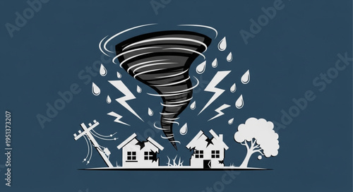 Tornado Disaster Striking Houses and Trees with Lightning.