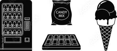 Vending machine icon set with candy mix bag chocolate bar and ice cream cone silhouette for retail snacks concession stand dessert and breakroom concepts.