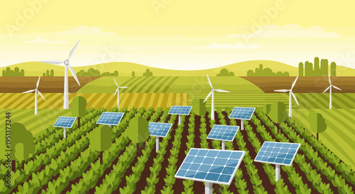 Solar Panels and Wind Turbines in Agricultural Field.