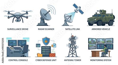 Vector Illustration Set of Modern Military and Surveillance Technology Icons featuring Drones, Radar, Satellites, Armored Vehicles, and Cyber Security Systems.