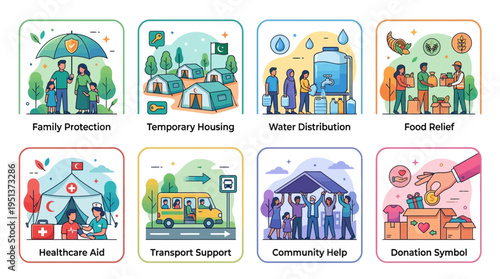 Comprehensive Humanitarian Aid and Social Services Icon Set Featuring Family Protection, Temporary Housing, Water Relief, Food Donation, and Healthcare Support.