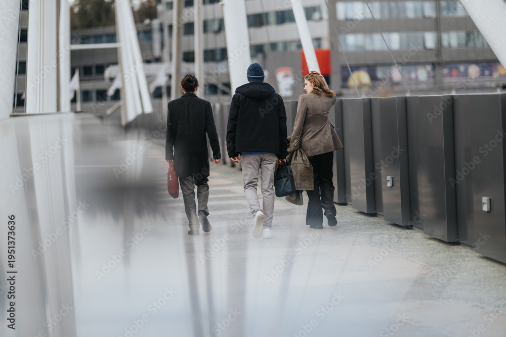 Naklejka premium Three business associates walk away across a modern pedestrian bridge in an urban setting. The colleagues stroll together during a casual city commute, carrying bags and coats.