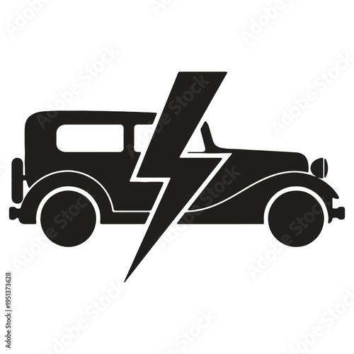 Retro electric vehicle silhouette with a lightning bolt signifying clean energy and sustainable transportation symbolized by an oldfashioned automobile generating power for future journeys