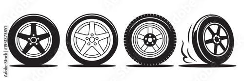 Car wheel tire vector set, black white rubber tread silhouettes, seamless patterns, automotive graphics elements, isolated collection, high quality illustration