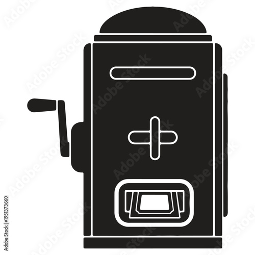 Retro mechanical pencil sharpener with a crank and a slot for shavings depicted as a black silhouette with white accents isolated on a transparent background