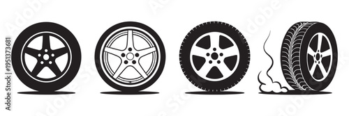 Car wheel tire vector set, black and white rubber tread silhouettes, detailed patterns, automotive design elements, isolated collection, editable pack