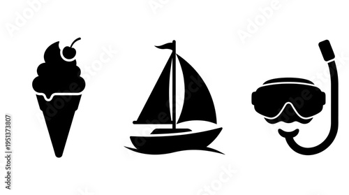 Summer icons of ice cream, sailboat, and snorkel