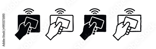 Hand using a contactless payment card or access card, NFC icon set.