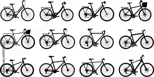 Collection of diverse bicycle silhouette designs featuring classic, road, and mountain bikes with unique frames, handlebars, and accessories vector illustration.