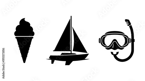 Summer vacation symbols ice cream, sailboat, and snorkel