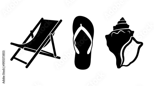 Summer beach icons deck chair, flip-flop, and shell