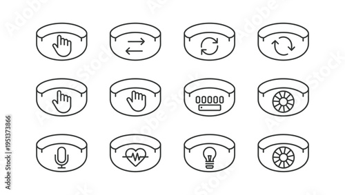 Set of 12 Smartwatch Interface Icons Vector Collection for Wearable Technology UI/UX Design, Featuring Hand Gestures, Health Monitoring, and Device Controls in a Modern Line Art Style