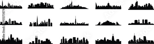 Collection of diverse city skyline silhouettes featuring iconic landmarks and architecture, representing global urban centers for travel vector illustration design.