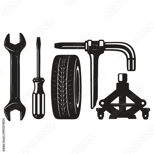 Set of essential automotive repair tools including wrench pliers screwdriver jack and car tire isolated on transparent background
