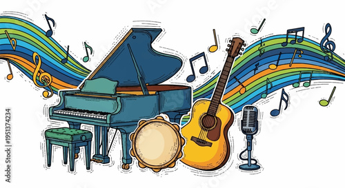 Music instruments with piano guitar and drum on colorful background with musical notes