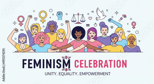 Diverse Group of Women Celebrating Feminism Unity Equality Empowerment.