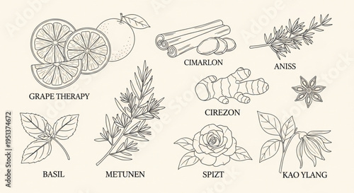 Vector Line Art Doodles of Culinary Herbs and Botanical Elements
