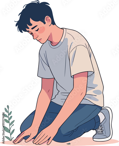 Illustrazione vettoriale di una persona inginocchiata con un ginocchio a terra e sguardo basso. Concetto di riflessione, preghiera, umiltà, rispetto o momento emotivo intenso.