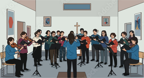 A choir and violinists practice in a room with art and a cross