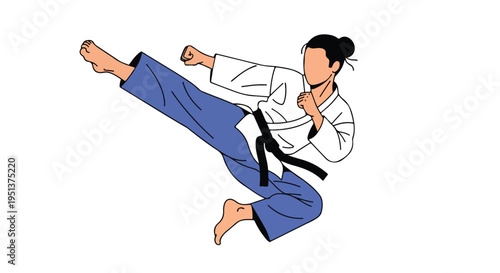 A person in a martial arts uniform executes a dynamic flying kick with a punch
