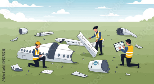 Illustration of Aviation experts examine wreckage after an airplane crash in a field