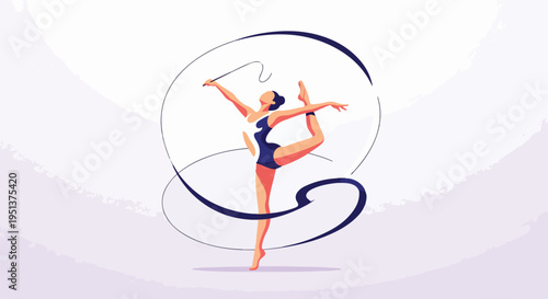 Rhythmic gymnast in motion, fluid ribbon dance, graceful pose, athletic elegance