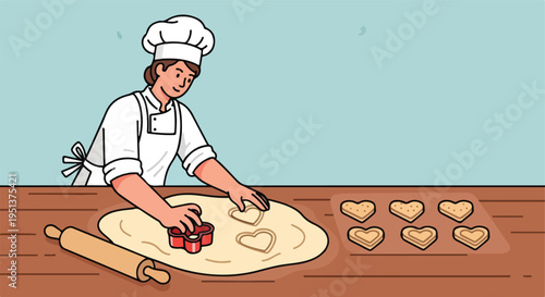 A baker uses a heart-shaped cookie cutter on dough, with cookies already made