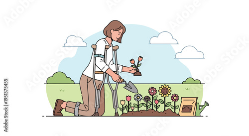 Woman on crutches plants flowers in a garden with a watering can and seed bag nearby