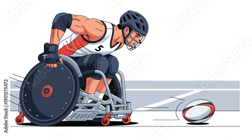 Muscular athlete in a wheelchair gears up for a competitive game of rugby