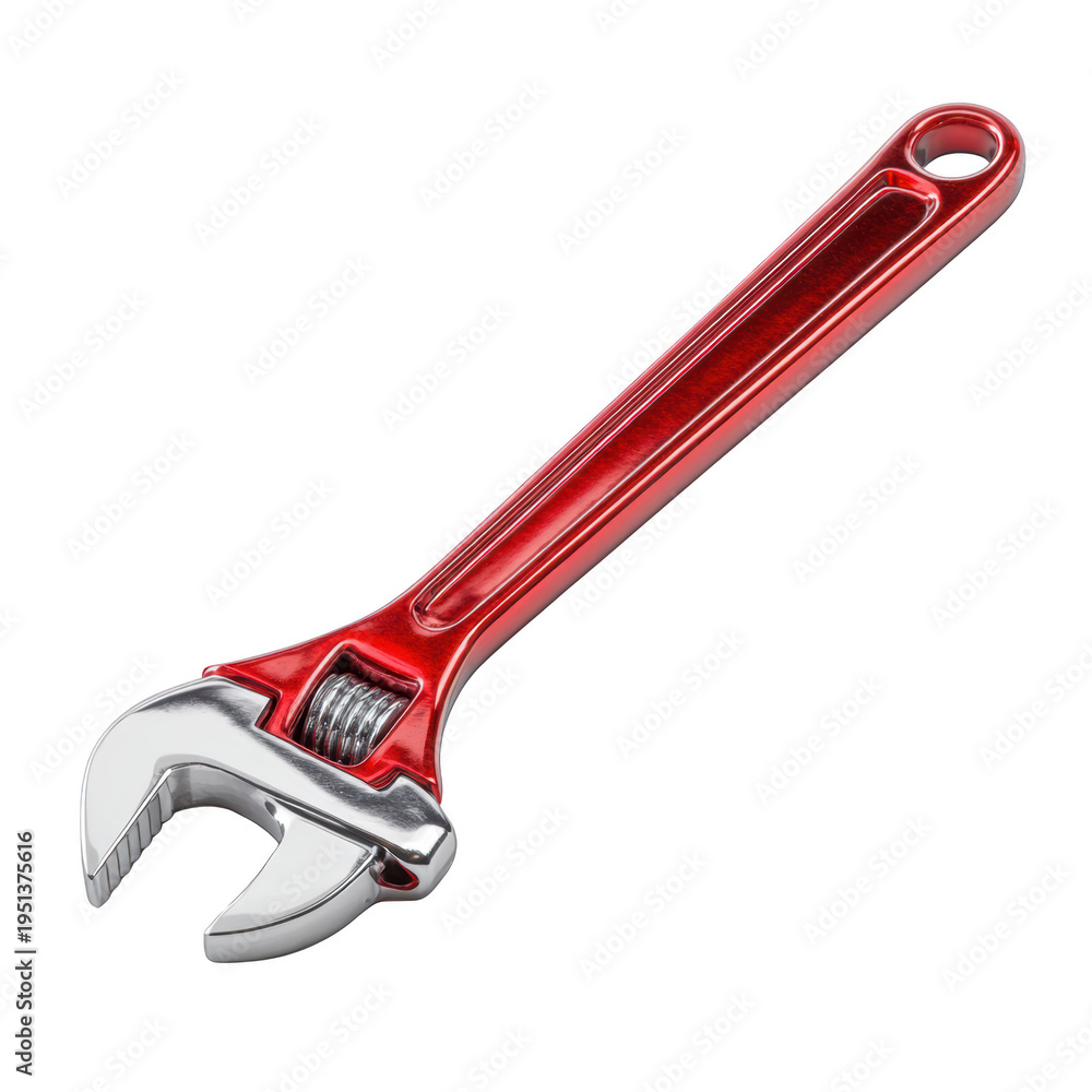 Obraz premium Shiny red adjustable wrench with silver jaws on a white background