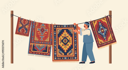 Man hangs intricately patterned carpets on a clothesline outdoors