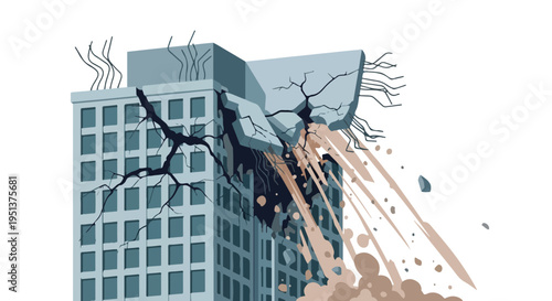 A collapsing building with debris and smoke, symbolizing destruction