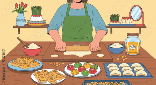 Person preparing traditional spring holiday sweets and dishes at a table