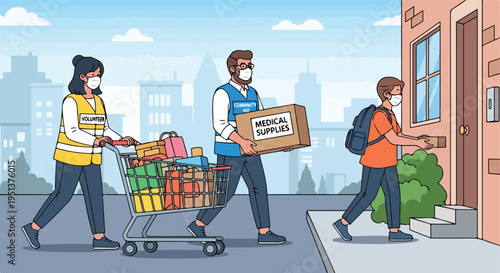 Volunteers deliver medical supplies and groceries to a home during a pandemic
