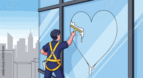 Window cleaner works on a skyscraper, drawing a heart on the glass