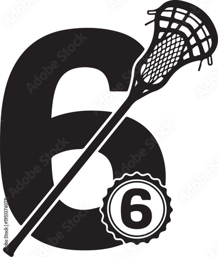 Black vector lacrosse stick and number 6 icon