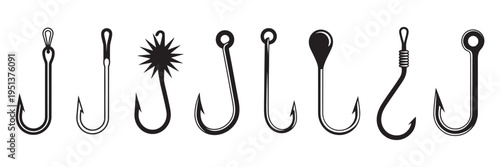 Fishing hooks collection, different shapes sizes vector illustration, detailed angling equipment set, isolated elements, clean design bundle, editable pack