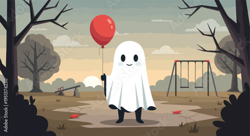 A cute ghost holds a red balloon at an abandoned playground