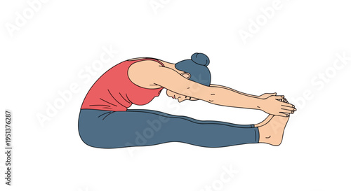 A person in a pink top and blue leggings is performing a seated forward bend yoga pose