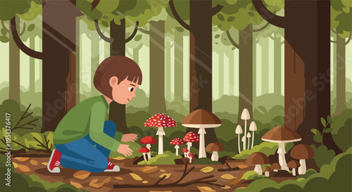 Child crouches in forest, observing diverse mushrooms near large trees