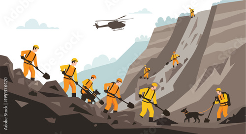 Rescue workers with dogs and helicopter clear debris on a steep, rocky mountainside