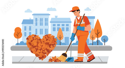 A street cleaner sweeps autumn leaves into a heart shape on a sidewalk