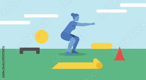 Person performing a squat exercise with various fitness props on a grassy field under a blue sky