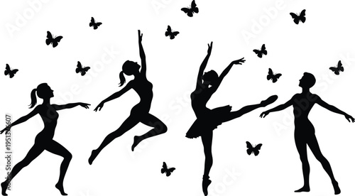 Ballet dancer silhouette, graceful movement, butterfly art, elegant pose, dance illustration, performing arts, black silhouette, artistic design, stage performance, choreography