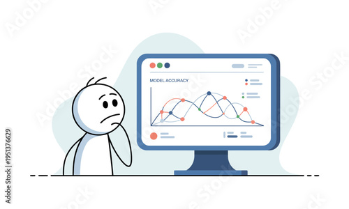 Stick figure character analyzing model accuracy on computer monitor