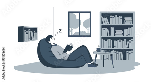 Person napping in beanbag chair with book, surrounded by bookshelves and window