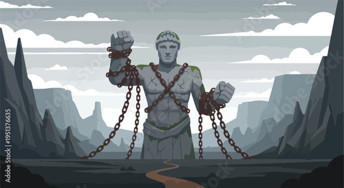 Colossal stone titan bound by heavy chains in a rugged mountain landscape